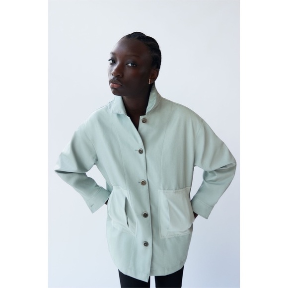 Zara | Combination Overshirt Faux Leather Jacket Sky Nlie NWT Size M - Picture 9 of 9